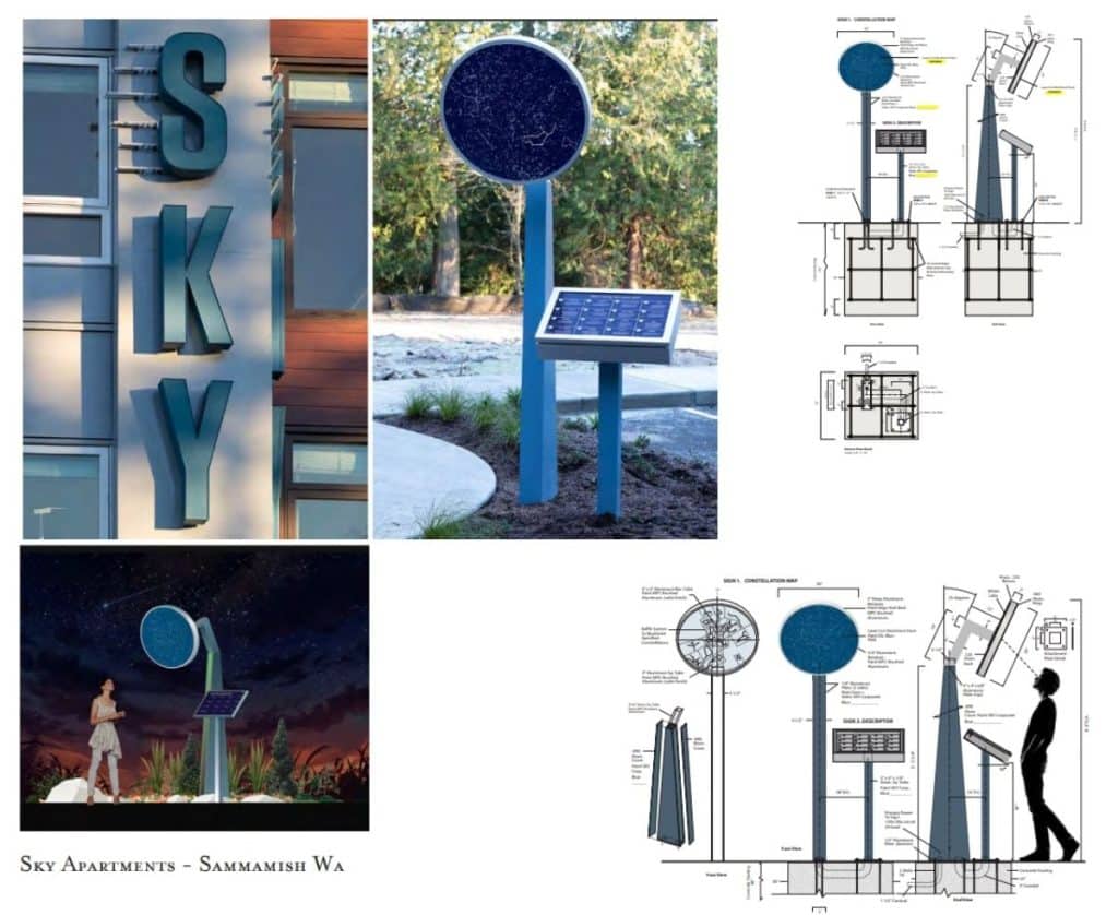 Screenshot 2021-11-30 225510 Design plans and images for an astronomy-themed installation at Sky Apartments, featuring a large circular display and solar panel in Sammamish, WA.