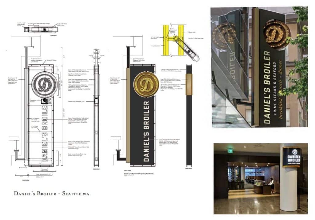 Screenshot 2021-11-30 225653 Blueprints and photos of signage for Daniel's Broiler in Seattle, featuring design details and an installed view at the restaurant entrance.