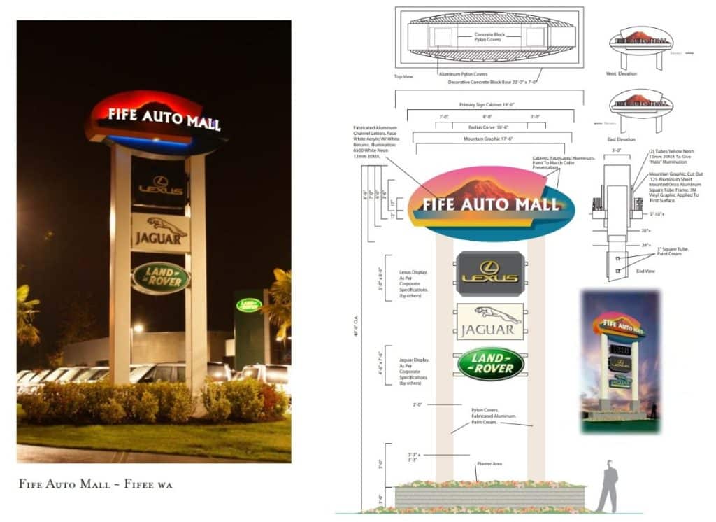 Screenshot 2021-11-30 225958 A sign for Fife Auto Mall in Fife, WA, featuring logos for Lexus, Jaguar, and Land Rover. Includes a design blueprint on the right.